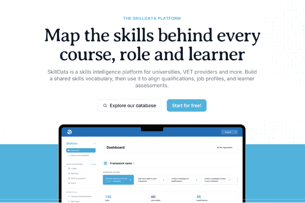 Image shows the landing page for SkillData: a skills mapping platform for courses, roles and learners